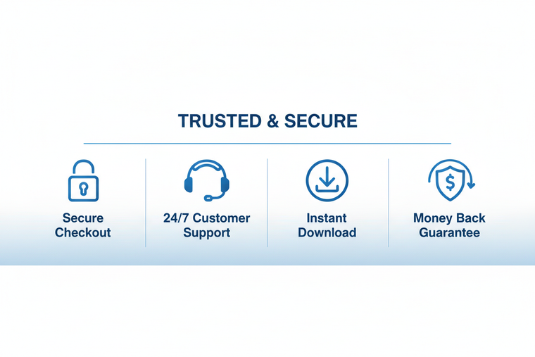 Professional trust badges banner with four icons in a row: secure padlock for Secure Checkout, headset for 24/7 Customer Support, download arrow for Instant Download, money back guarantee shield. Clean modern design, blue and white color scheme, horizontal layout, high quality, professional e-commerce style